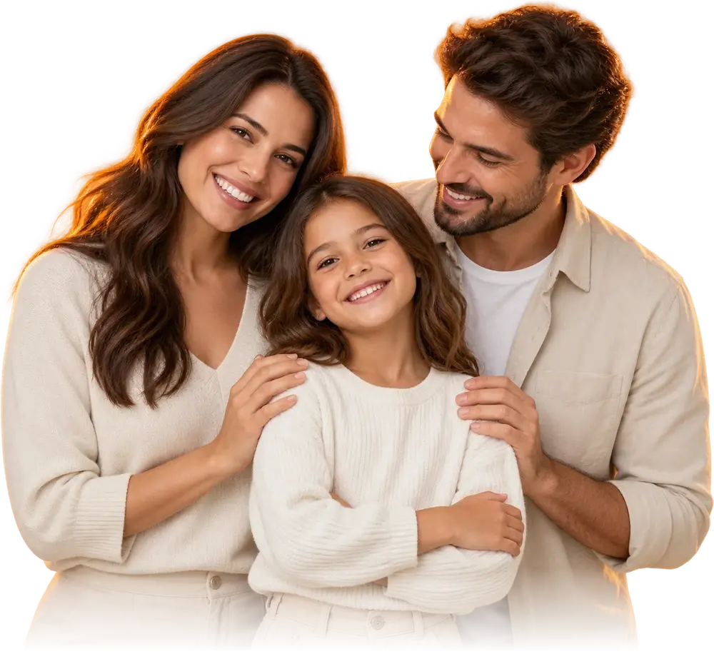Cena ilustrativa gerada por IA: mãe, pai e filha sorrindo, abraçados.