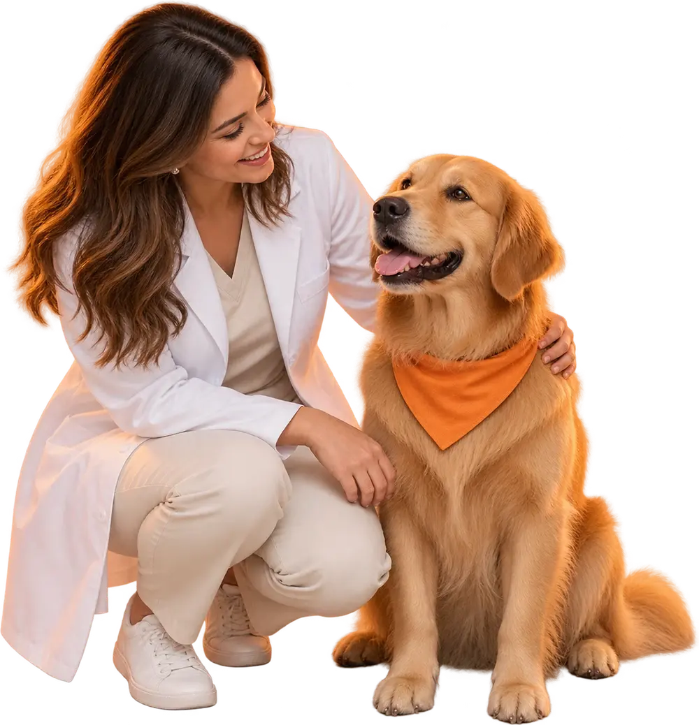 Cena ilustrativa gerada por IA: uma profissional de jaleco agachada ao lado de um cão de pelo dourado, com a mão apoiada nas costas dele.