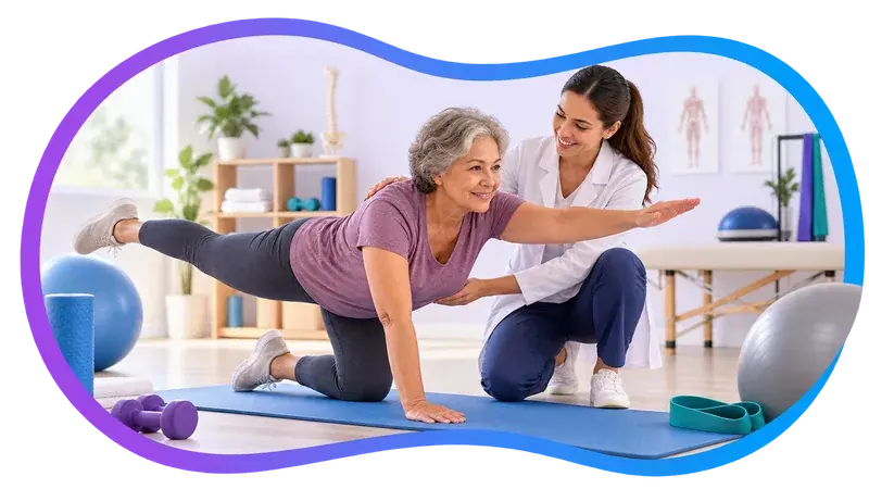 Cena ilustrativa: uma mulher idosa faz um exercício de apoio sobre um colchonete enquanto uma fisioterapeuta, agachada ao lado, corrige a posição do quadril.