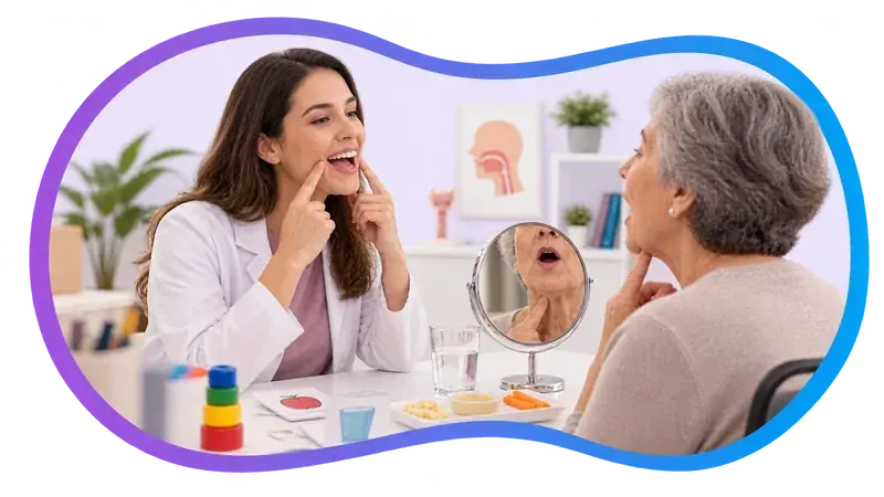 Cena ilustrativa: uma fonoaudióloga demonstra um movimento de boca diante de um espelho de mesa para uma mulher idosa, que repete o exercício.