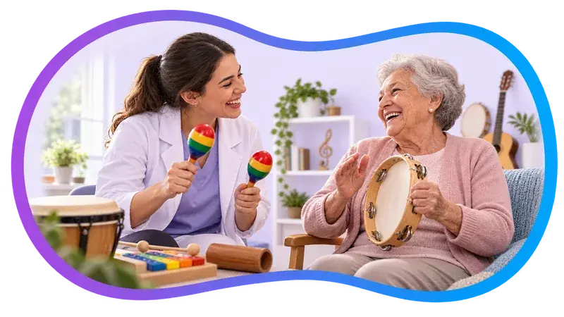 Cena ilustrativa: uma profissional segura um par de chocalhos coloridos diante de uma mulher idosa que toca um pandeiro, os dois sorrindo.