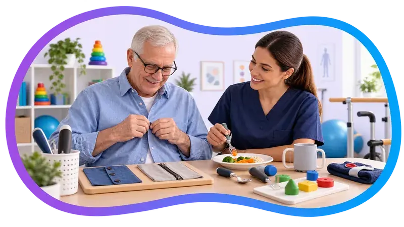 Cena ilustrativa: um homem idoso se alimenta à mesa com talheres adaptados, acompanhado por uma profissional sentada ao lado.
