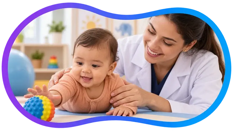 Cena ilustrativa: um bebê apoiado de bruços estende a mão para uma bola sensorial azul, com uma profissional de jaleco acompanhando ao lado.