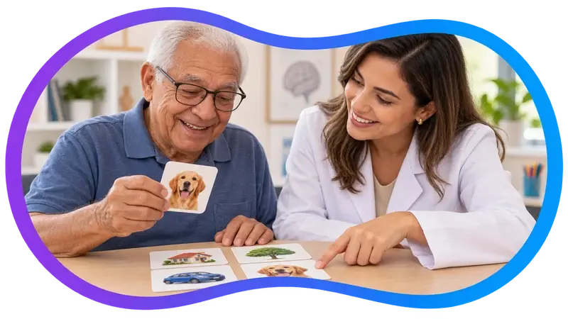 Cena ilustrativa: um homem idoso segura um cartão com uma figura à mesa, entre outros cartões, com uma profissional de jaleco ao lado.