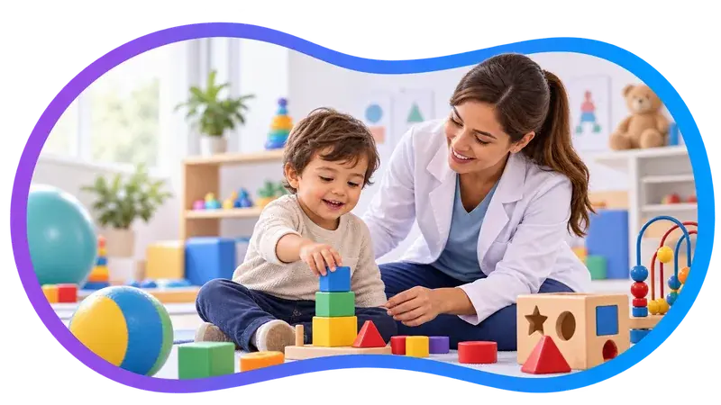Cena ilustrativa: uma criança pequena, sentada no chão de uma sala de brinquedos, empilha cubos coloridos enquanto uma profissional de jaleco acompanha o movimento ao lado dela.