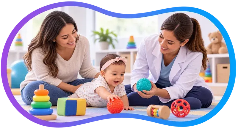Cena ilustrativa: um bebê apoiado de bruços em um tapete alcança uma bola sensorial, entre a mãe e uma profissional de jaleco.