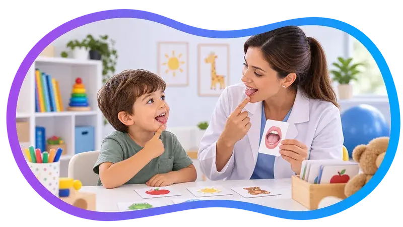 Cena ilustrativa: uma profissional de jaleco aponta para os próprios lábios segurando um cartão com o desenho de uma boca, e um menino sorri e repete o gesto, à mesa com cartões de figuras.