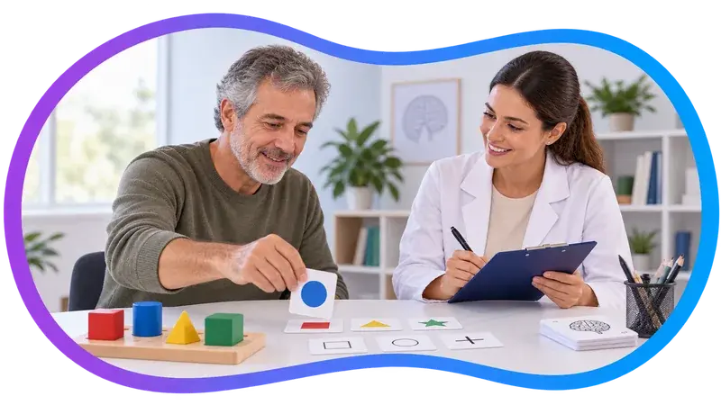 Cena ilustrativa: um homem adulto organiza cartões de formas geométricas sobre a mesa enquanto uma profissional anota as respostas em uma prancheta.