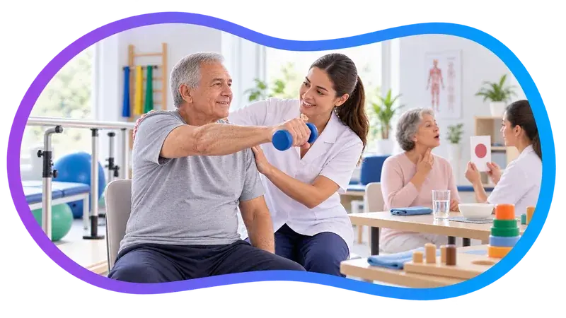 Cena ilustrativa: um homem de meia-idade sentado faz um exercício de elevação de braço com um halter leve, com a mão de uma profissional apoiando o movimento.