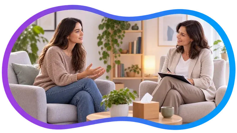 Cena ilustrativa: duas mulheres conversam sentadas em poltronas de uma sala acolhedora, uma delas com um caderno de anotações no colo.