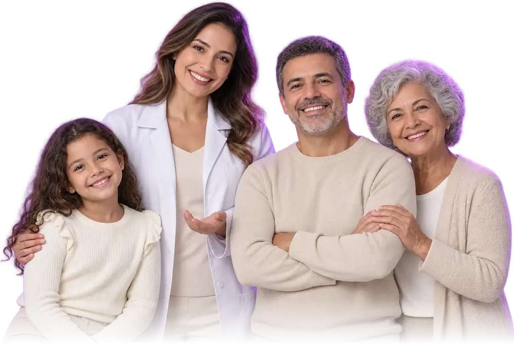 Cena ilustrativa gerada por IA: quatro pessoas de idades diferentes, de uma menina a uma senhora, lado a lado.