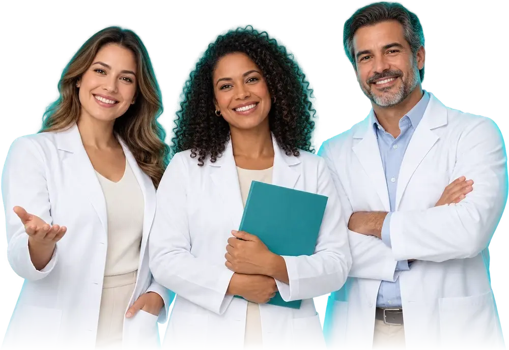 Cena ilustrativa gerada por IA: três profissionais de jaleco branco lado a lado, sorrindo.