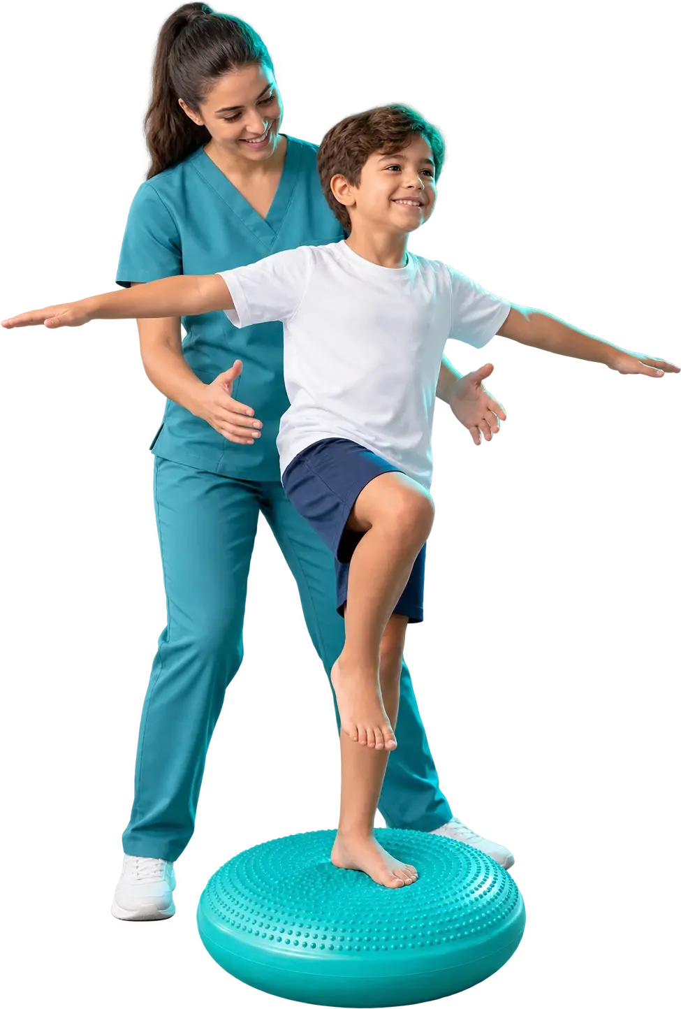Cena ilustrativa gerada por IA: um menino de braços abertos se equilibra sobre um disco inflável enquanto uma fisioterapeuta o apoia por trás.