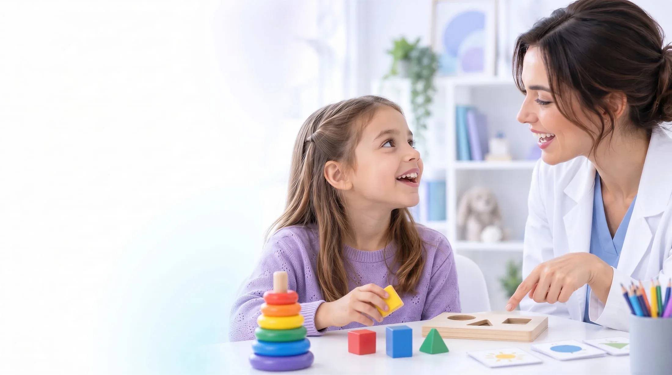 Cena ilustrativa: uma menina sorri para uma profissional de jaleco branco, sentadas a uma mesa com brinquedos de encaixe e um jogo de classificação de formas.