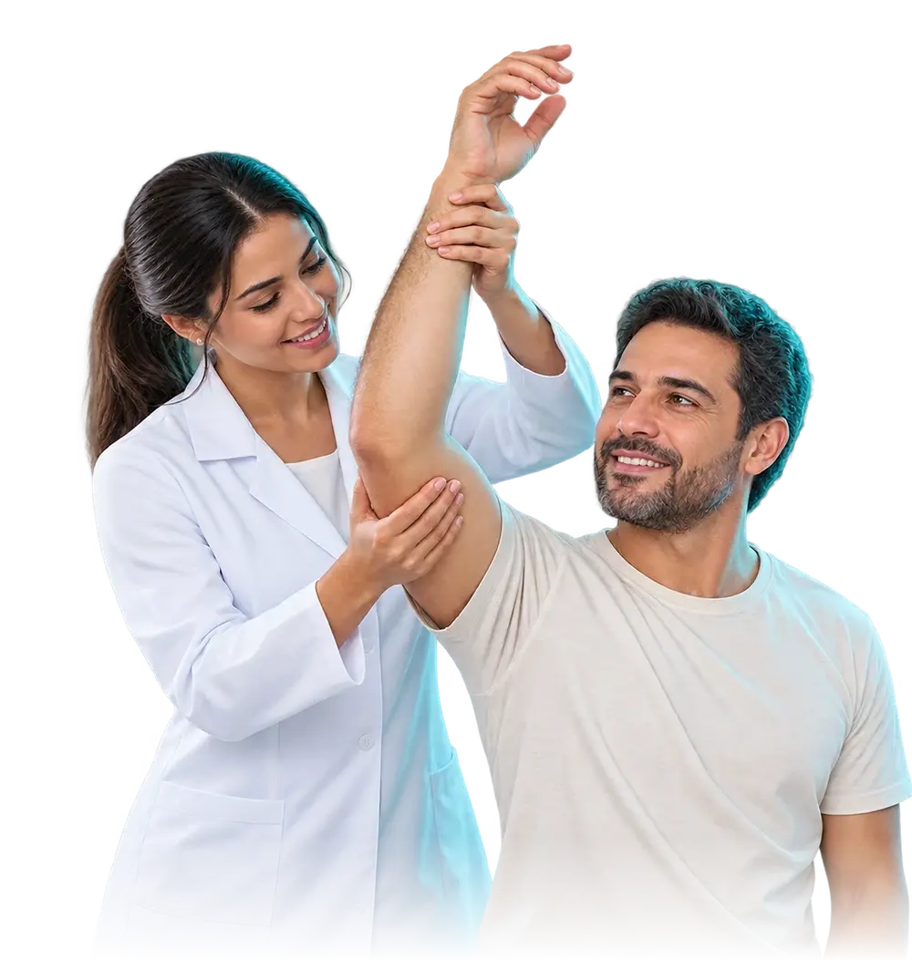 Cena ilustrativa gerada por IA representando o atendimento de fisioterapia.