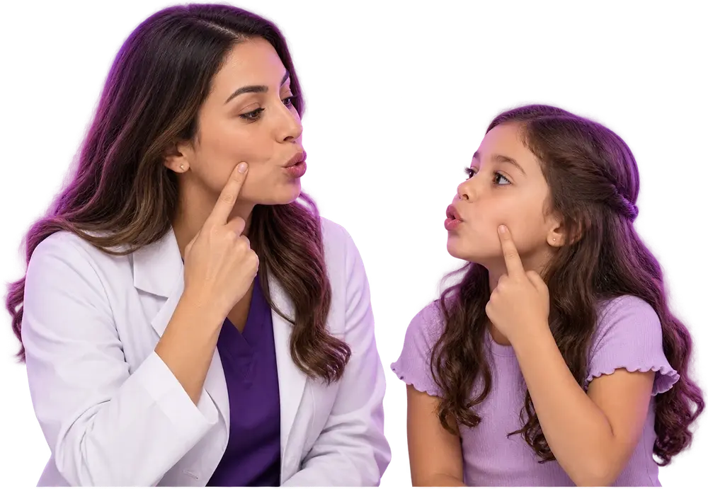 Cena ilustrativa gerada por IA representando o atendimento de fonoaudiologia.